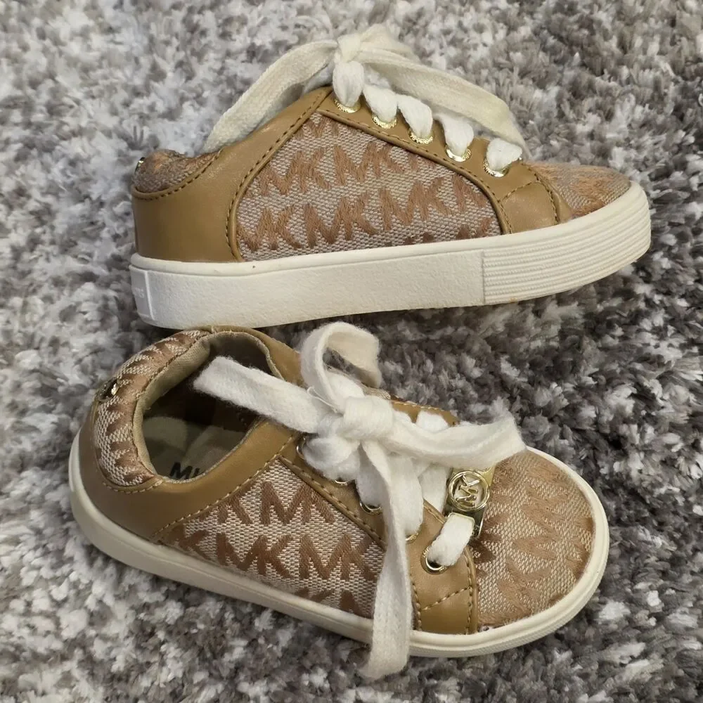 Michael Kors Girls Tan Monogram Logo Sneakers - Size 6
